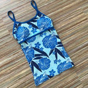 Honey Girl Tankini Swim Top Blue Maitai Hibiscus Print Made in USA Small 34/36